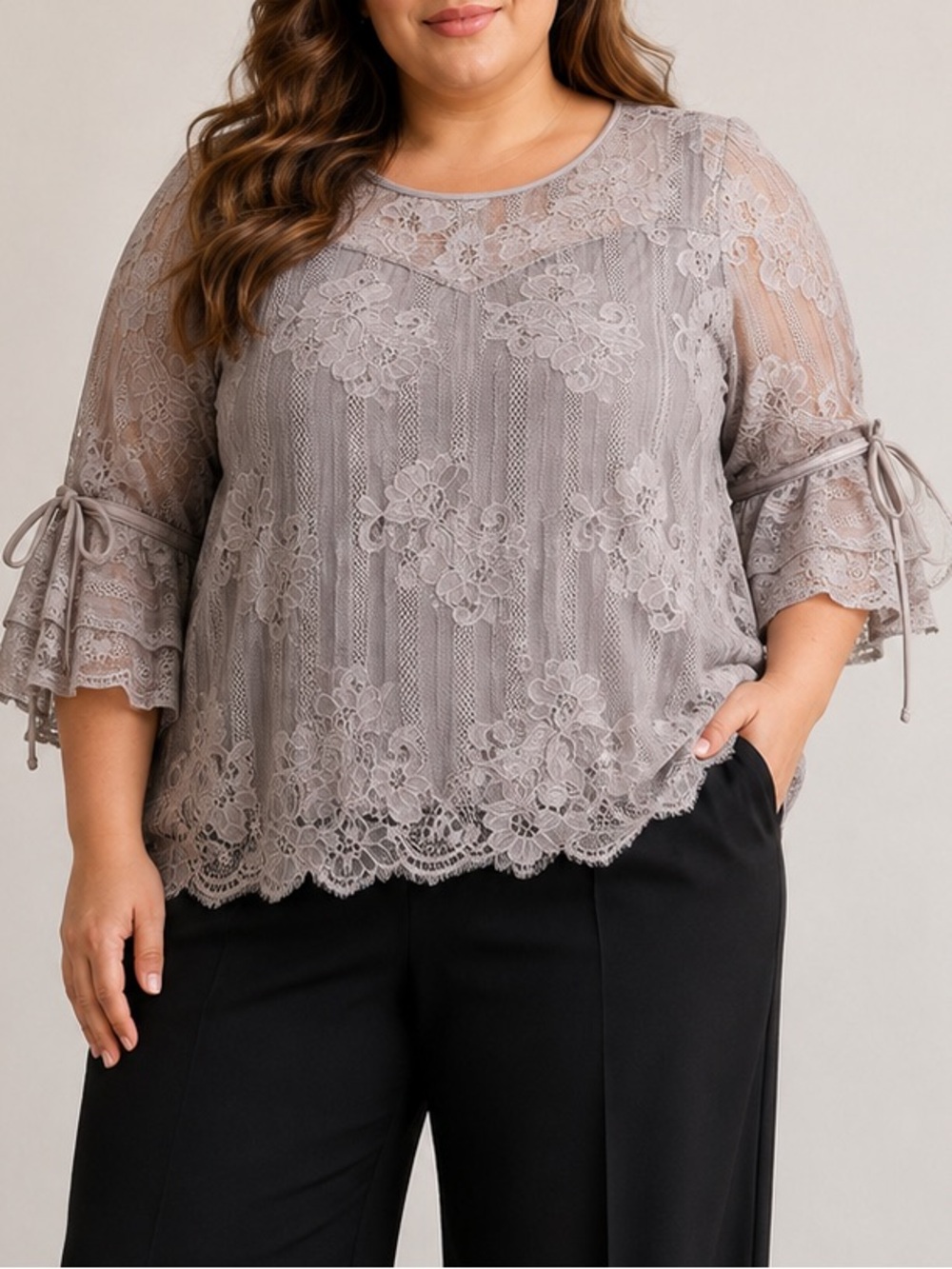 Olivia Blu 3X Gray Floral Lace Blouse Sheer Bell Sleeve Tie Cuff Romantic Top